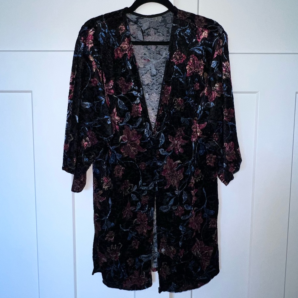Floral Velvet Black Long Open Kimono Cardigan